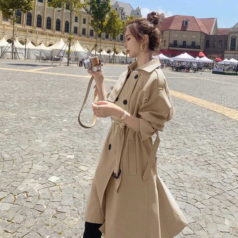 2021 Fashion Women Trench Coat Beige Blue Long Double-Breasted With Belt Spring Autumn Lady Coat Female Korean Loose OuterwearX240921