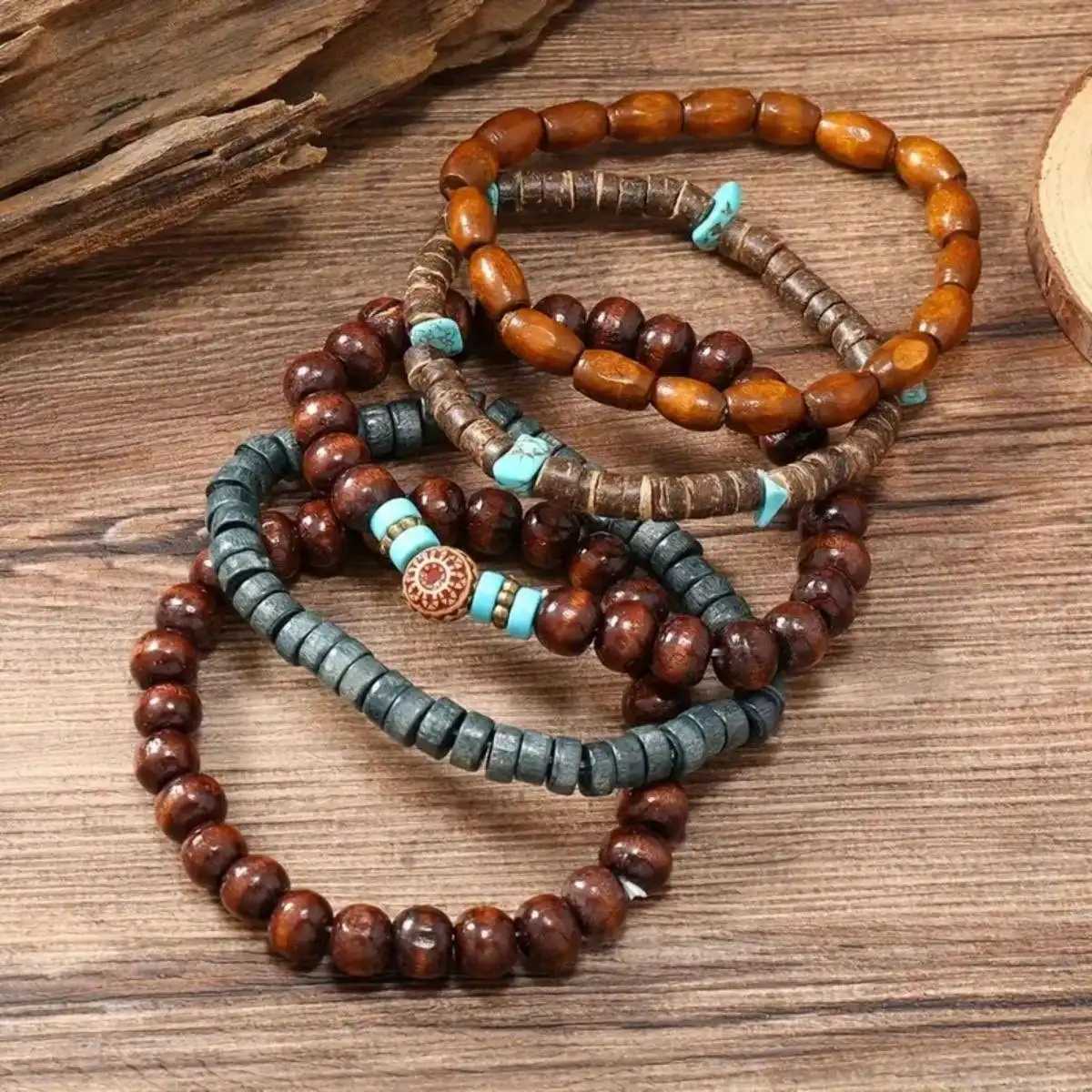 5pcs/set Natural Stone Wood Beads Beaded Bracelet Mens Chinese Style Charm BraceletX240921