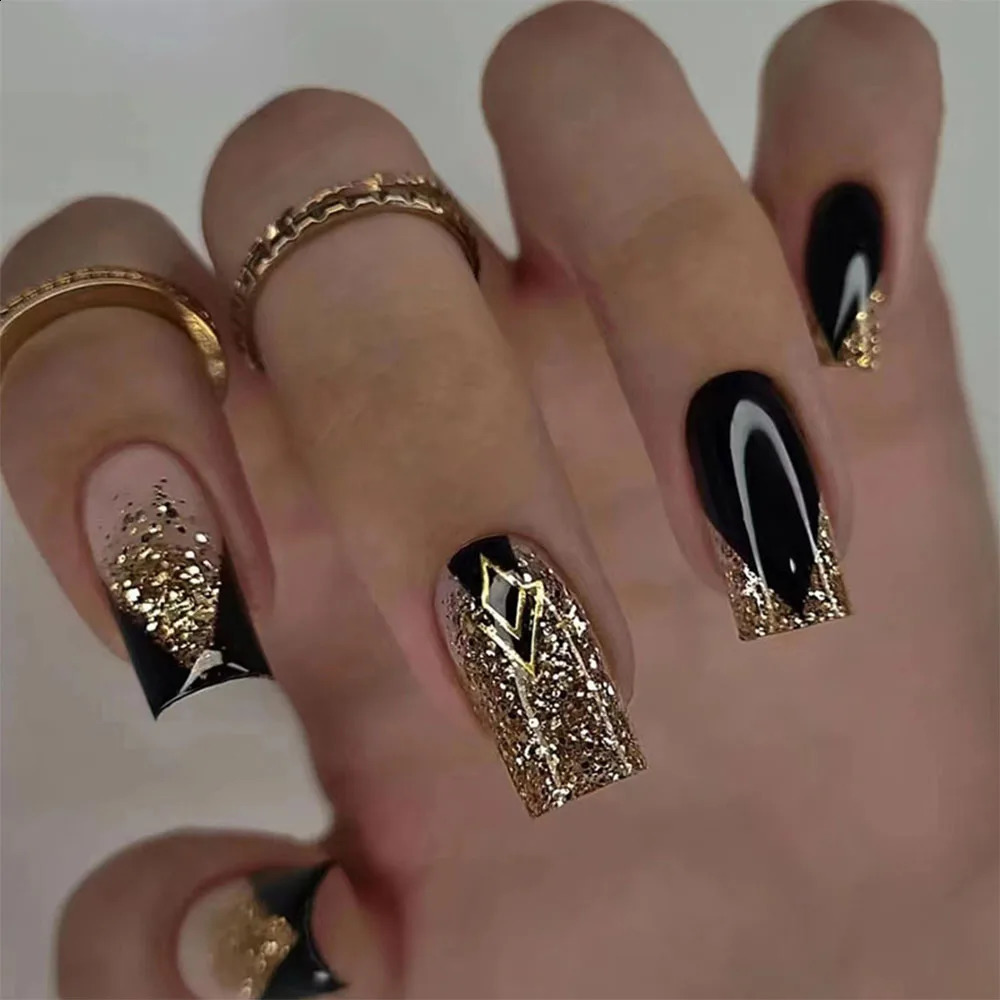 24Pcs Short Square False Nails With Jelly Adhesive Glitter Gradient Detachable Fake Fingernails Full Cover Press On Nails 240914