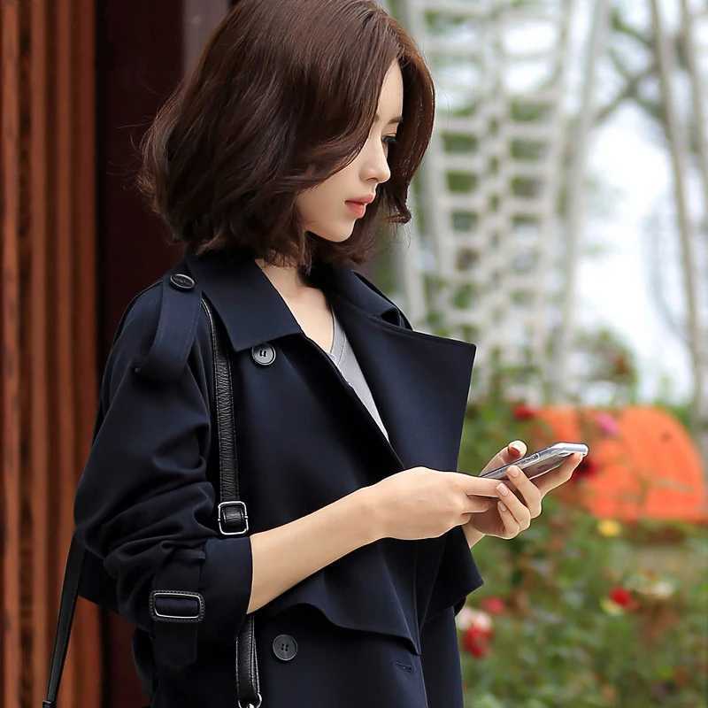 Navy Blue England Style Womens Windbreaker Baggy Mid Long Trench Coat 2024 Spring Autumn New in Outerwears with Belt JacketsX240921