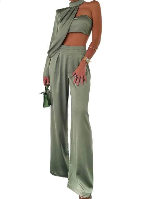 Two piece casual womens autumn sexy pendant neck Oblique shoulder bra vest wide leg Trouser set 240918