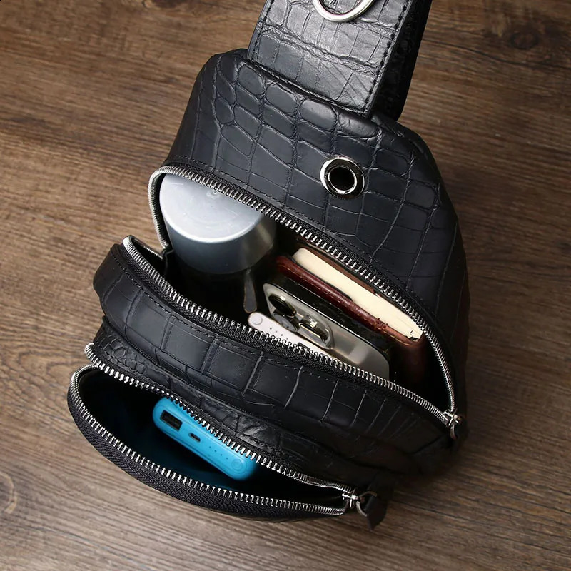 High quality genuine denim leather mens chest bag chiffon outdoor fashion black 240919