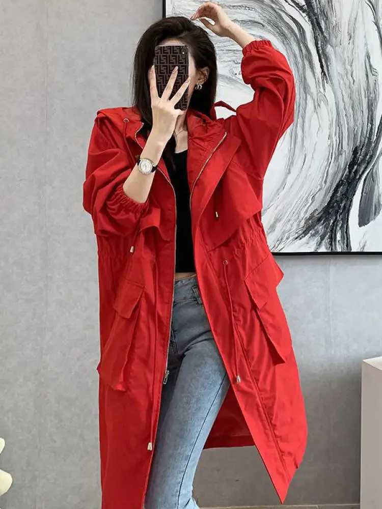 Solid Classic Hooded Long Trench Coat For Women Autumn Oversized Casual Drawstring Bandage Windbreaker Loose Zip Up Jackets ChicX240921