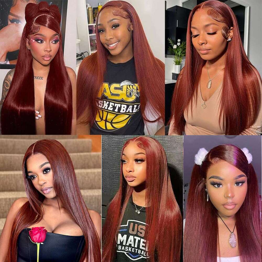 Reddish Brown Front Straight 13x4 Colored Human Hair Wigs 180% Full Density Copper Red Lace Frontal Wig