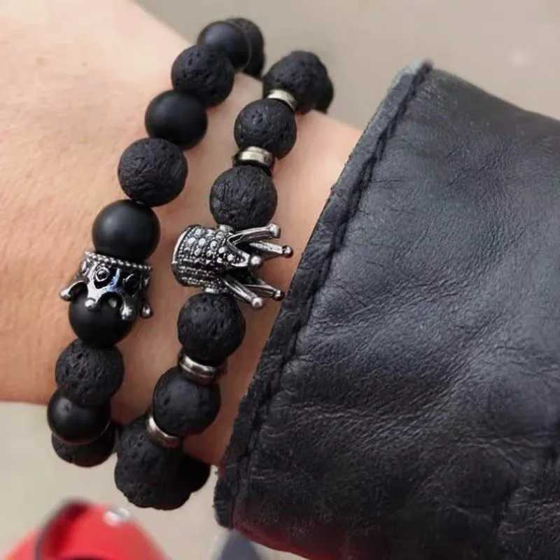 Classic Black Volcano Stone Bracelet with Textured Punk Charm Bracelet Unisex Style Mens and Womens Suitable BraceletsX240921