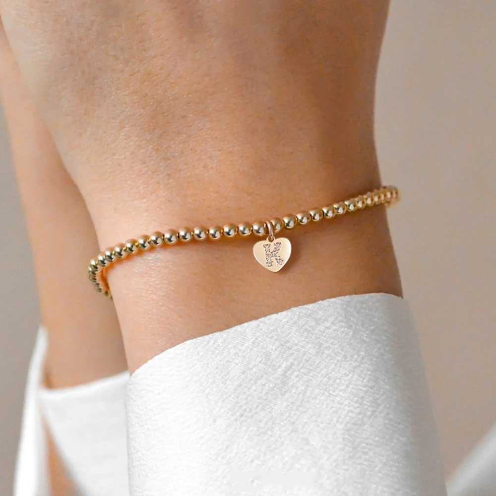 New Fashion Initial Letter Bracelet Women Pave Zirconia Gold Color Width 4mm Bead Bracelet For Women Jewelry GiftX240921