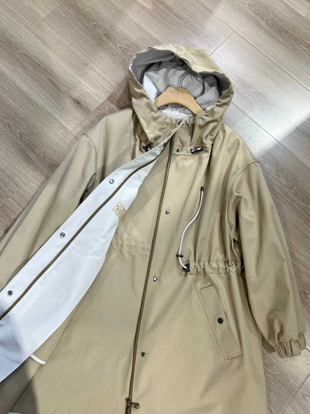 2024 Classic Ladies Cotton Trench Coat Long Drawstring Hooded Windbreaker Jackets TopsX240921