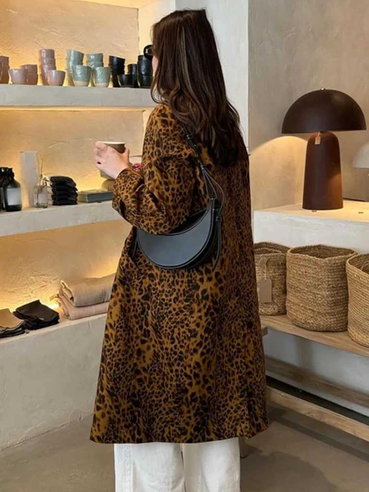 ZBZA Women Vintage Leopard Trench Coat Loose Long Sleeve Lapel Single-breasted Pocket Mid-length Outerwear Fall Winter Lady CoatX240921