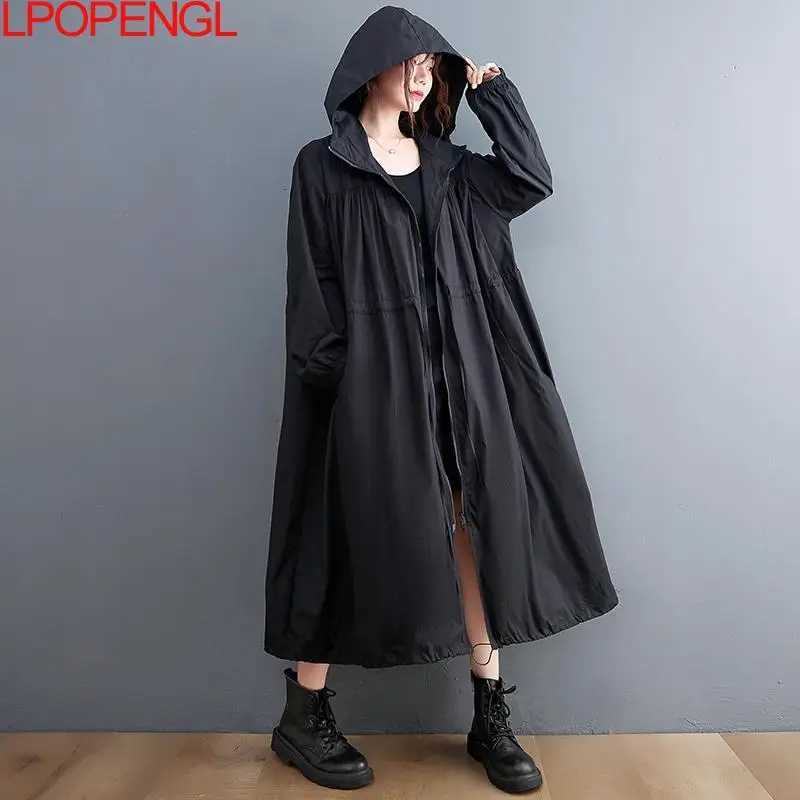 Windbreaker Womens Trench Coat 2023 New Autumn Oversized Black Casual British Style Fashion Hooded Mid-length CoatX240921