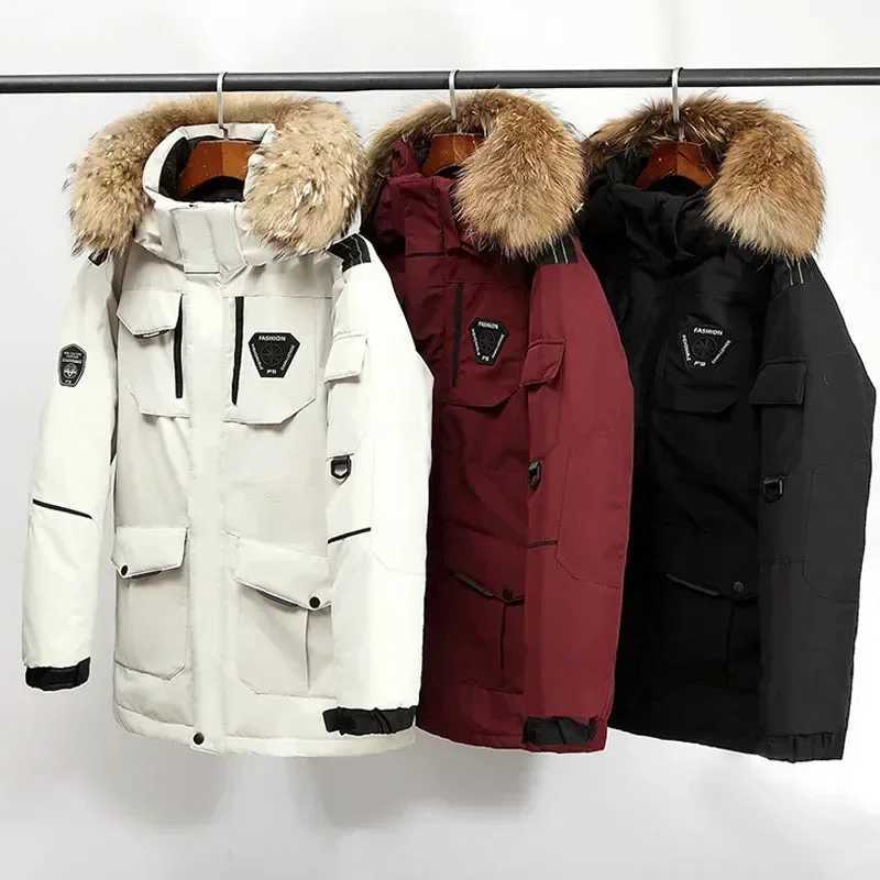 Men's Down Parkas Winter Mens Down Jacket 90% White Duck Down Parkas Coat Male Mid-length Fur Collar -30 Degree Keep Warm Thicken Snow Overcoats 