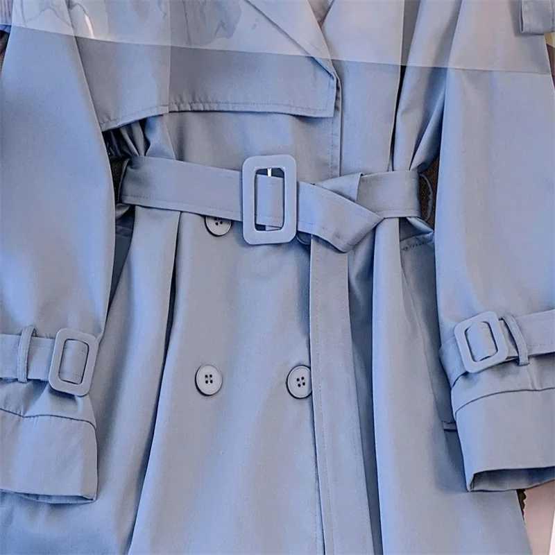 Spring Women Mid-Length Blue Trench Coat With Belt Korean Casual Double-breasted Lapel Long Sleeve Elegant Female WindbreakerX240921