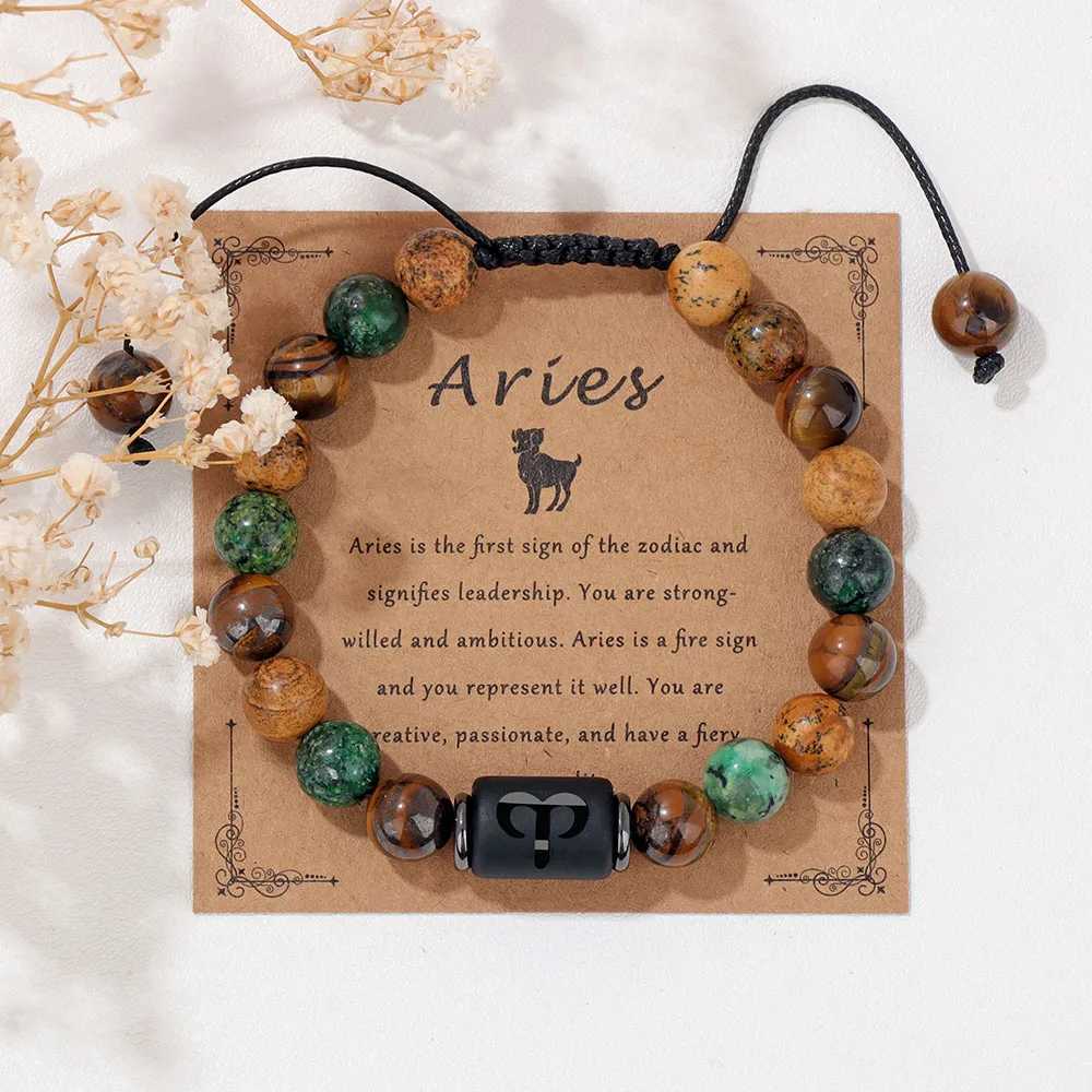 Vintage Aries Sign Charm Stone Bracelets With Constellation Card Natural Stone Picture Beads Adjustable Bracelets Women Men GiftX240921