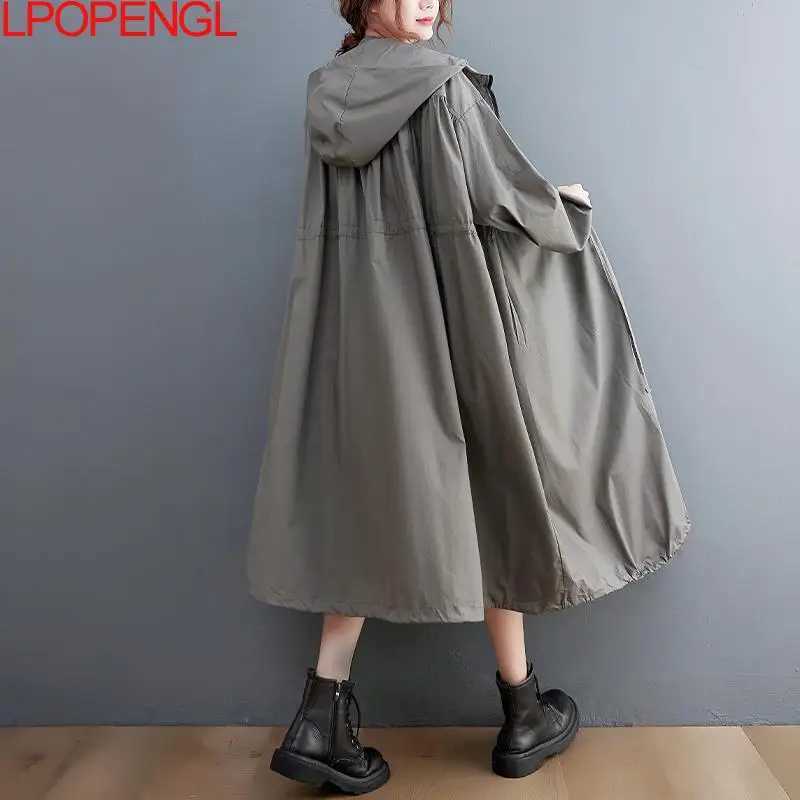 Windbreaker Womens Trench Coat 2023 New Autumn Oversized Black Casual British Style Fashion Hooded Mid-length CoatX240921