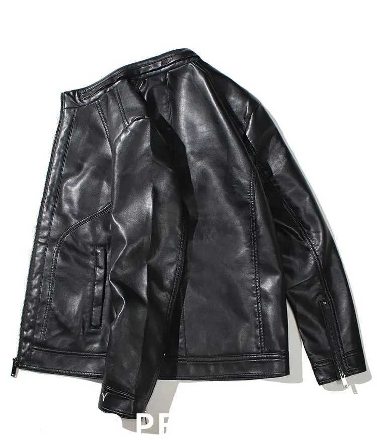 Spring and autumn mens motorcycle leather jacket fashionable slim fit stand collar black solid color windproof driving jacket bicycle jacket W240918