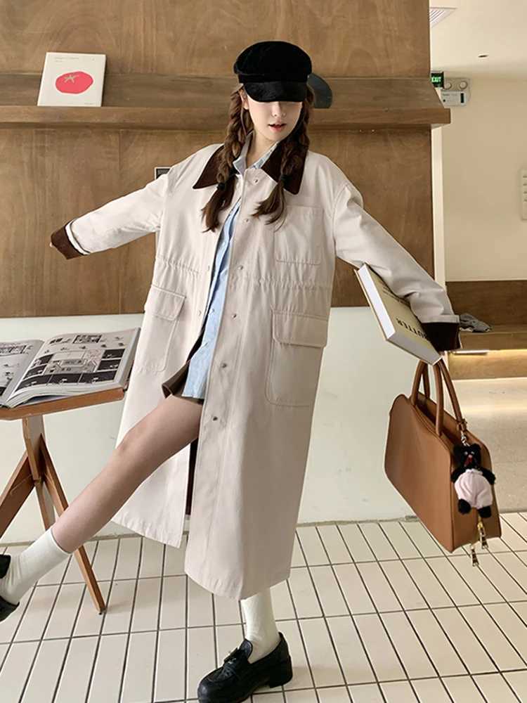 LANMREM Korean Block Color Trench Womens Lapel Single Breasted Drawstring Gathered Wasit Coats 2024 Autumn New Clothing 2Z2860X240921