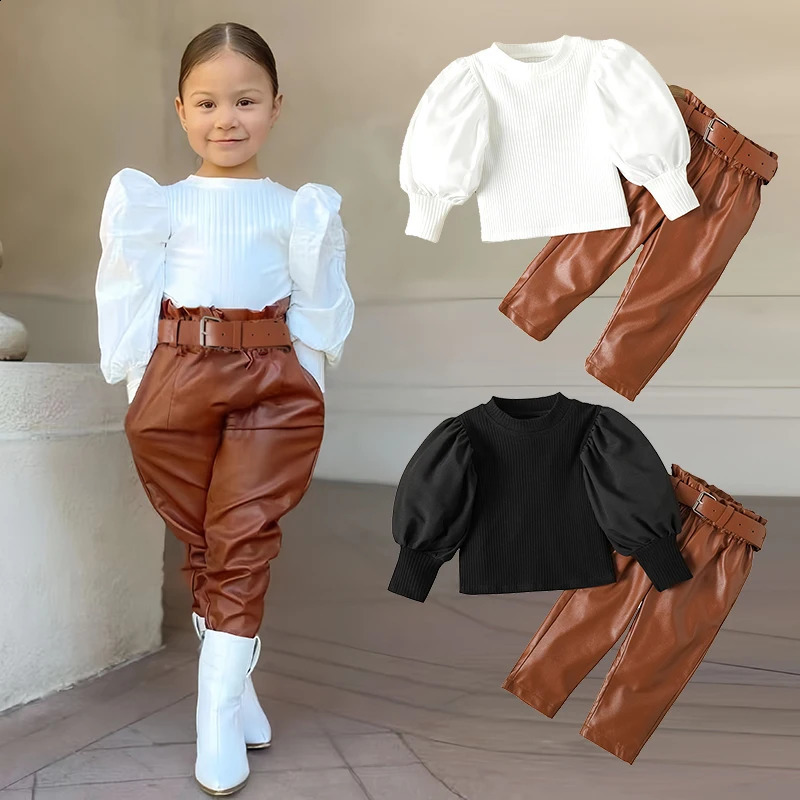 Kids Girls Clothing Set Long Puff Sleeve Ribbed Blouse TopsPU Leather Pants with Belt 2pcs For Girls Clothing Size 1 2 3 4 5 6 240920