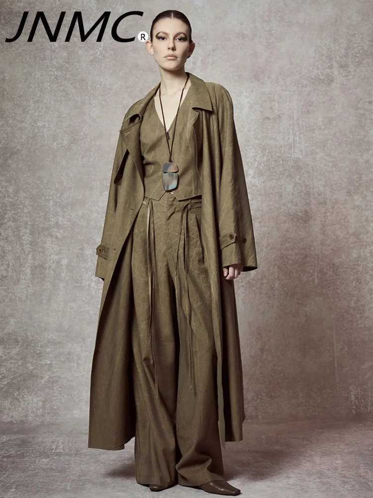 JNMC Design Sense Of Temperament 2024 Spring And Autumn New Item Khaki Lapel Spliced Long Sleeved Trench Coat For WomenX240921