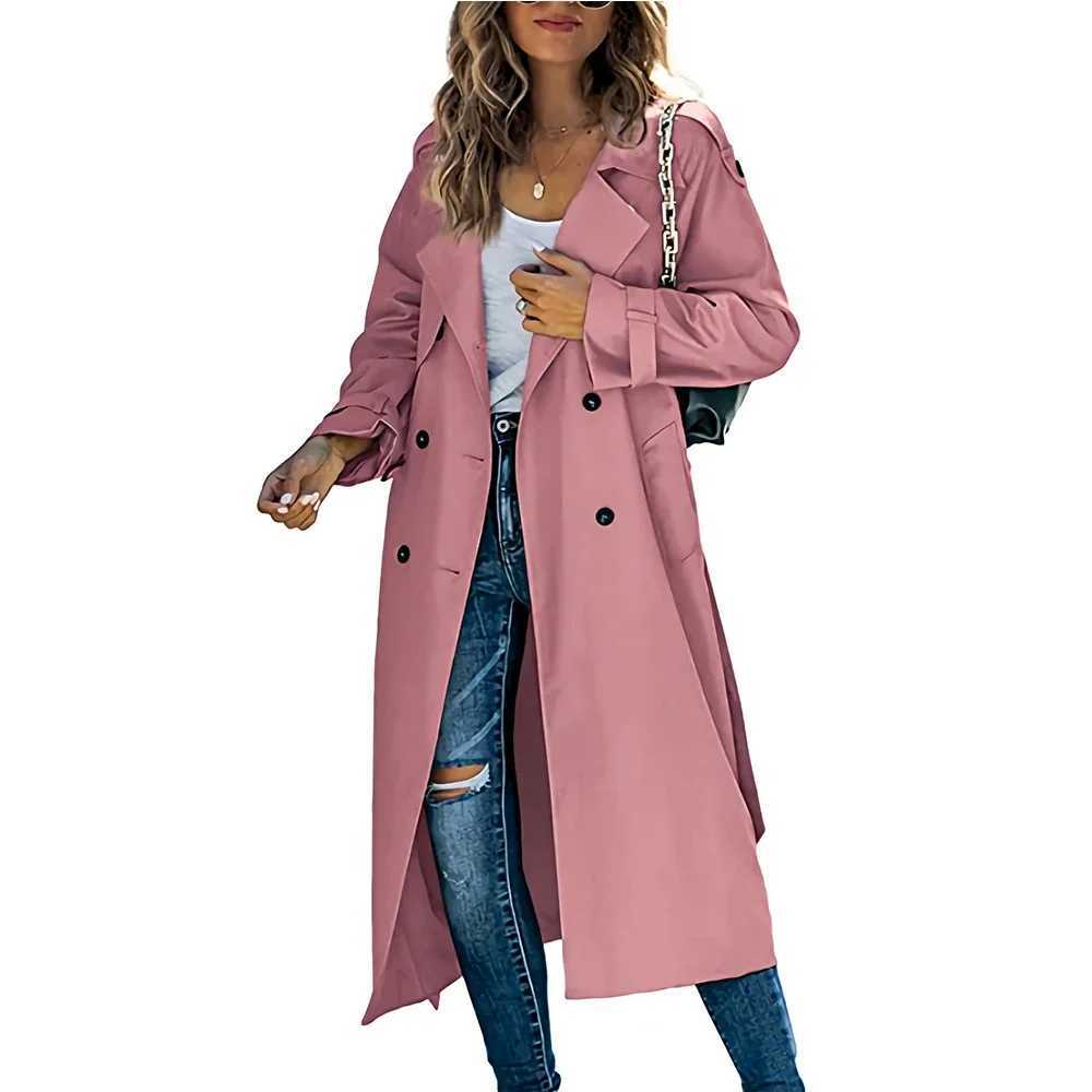 Womens Windbreaker Coat Fashion Long Pocket Lapel Button Windbreaker British Style Over The Knee Long Coat Office Commuter WearX240921