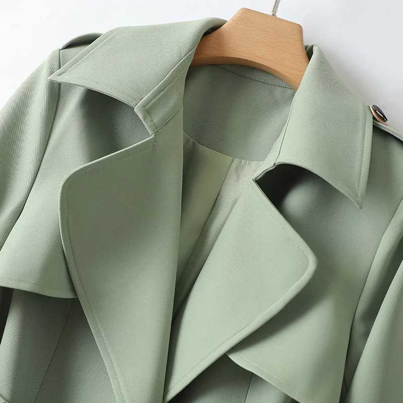 Elegant Long Coats and Jackets Women Light Green Lapel Belted Spring Autumn Trench Coat Office Lady Windbreaker New in OuterwearX240921