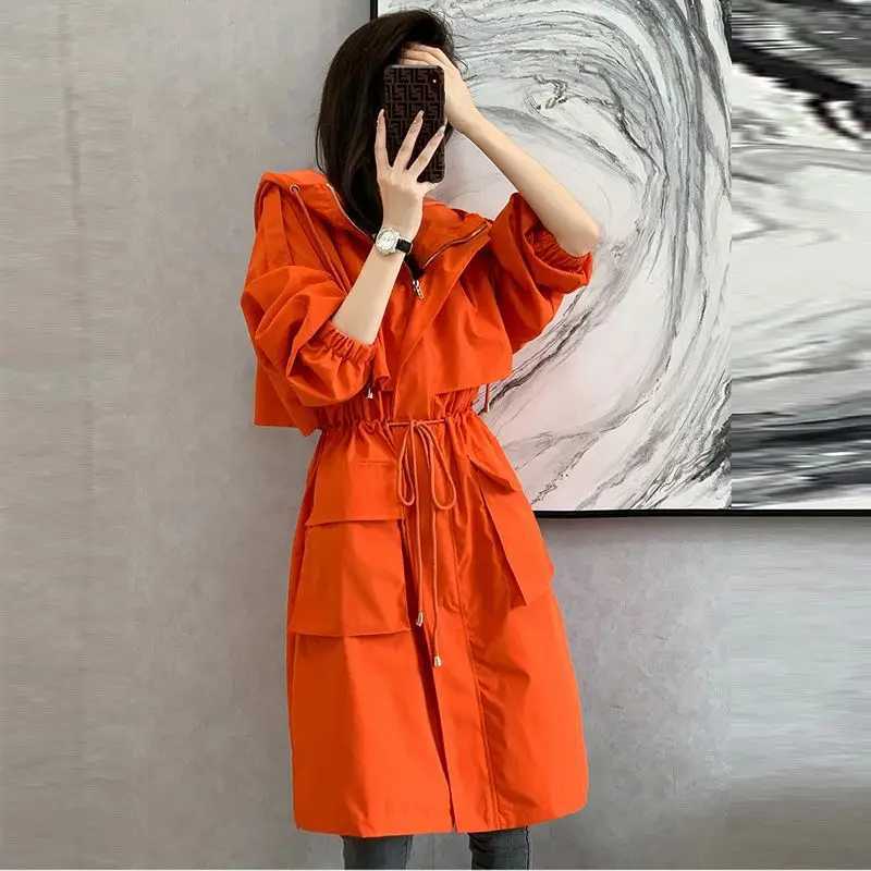 Spring and Autumn New Womens Thin Waist Loose Slim Coat Medium Length WindbreakerX240921