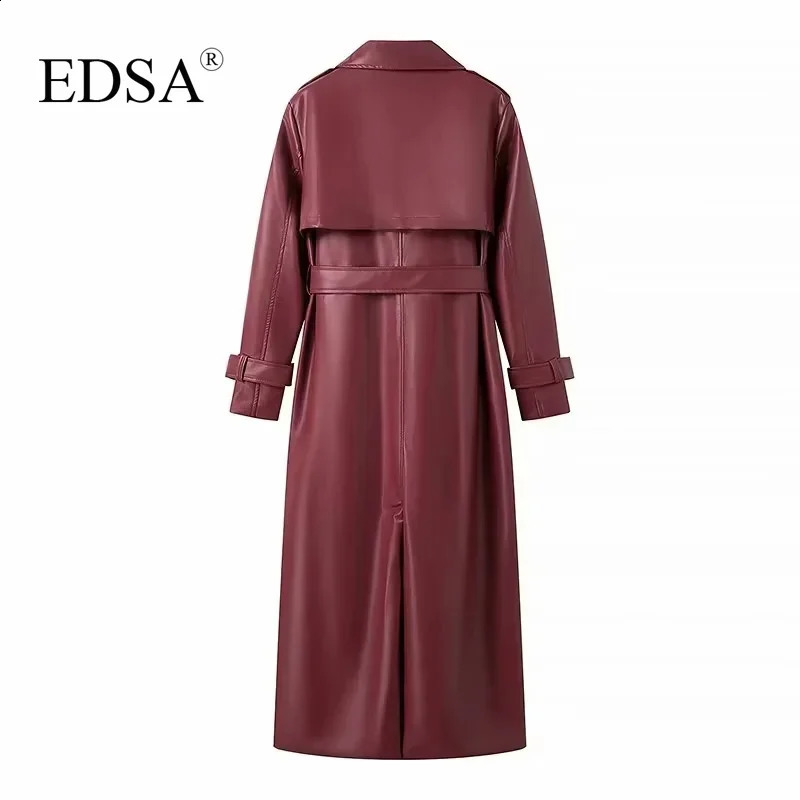 EDSA Women Faux Leather Jacket Coat with Belt for Autumn Winter Loose Long Windbreaker Trench Vintage Outerwear 240918
