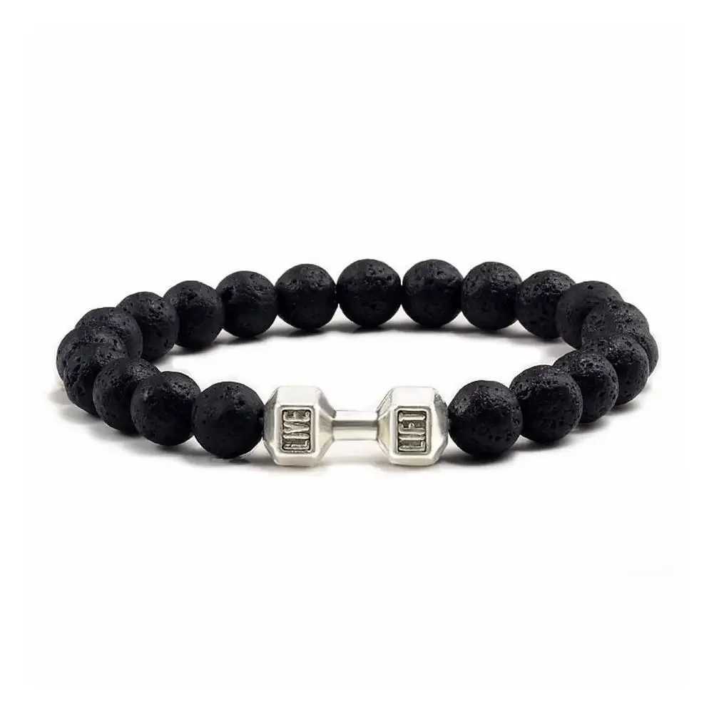 Natural Black Volcanic Lava Stone Dumbbell Bracelet Black Matte Beads Bracelets Fitness Barbell Jewelry Pulseras For WomenX240921