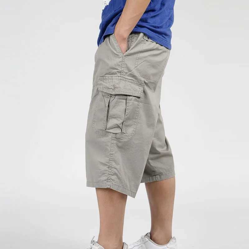 2023 Men Summer Multi-Pocket Baggy Cargo Cotton Calf Length Pants Casual Trouser Male Large Solid Color Shorts Plus Size Xl-6XlX240921