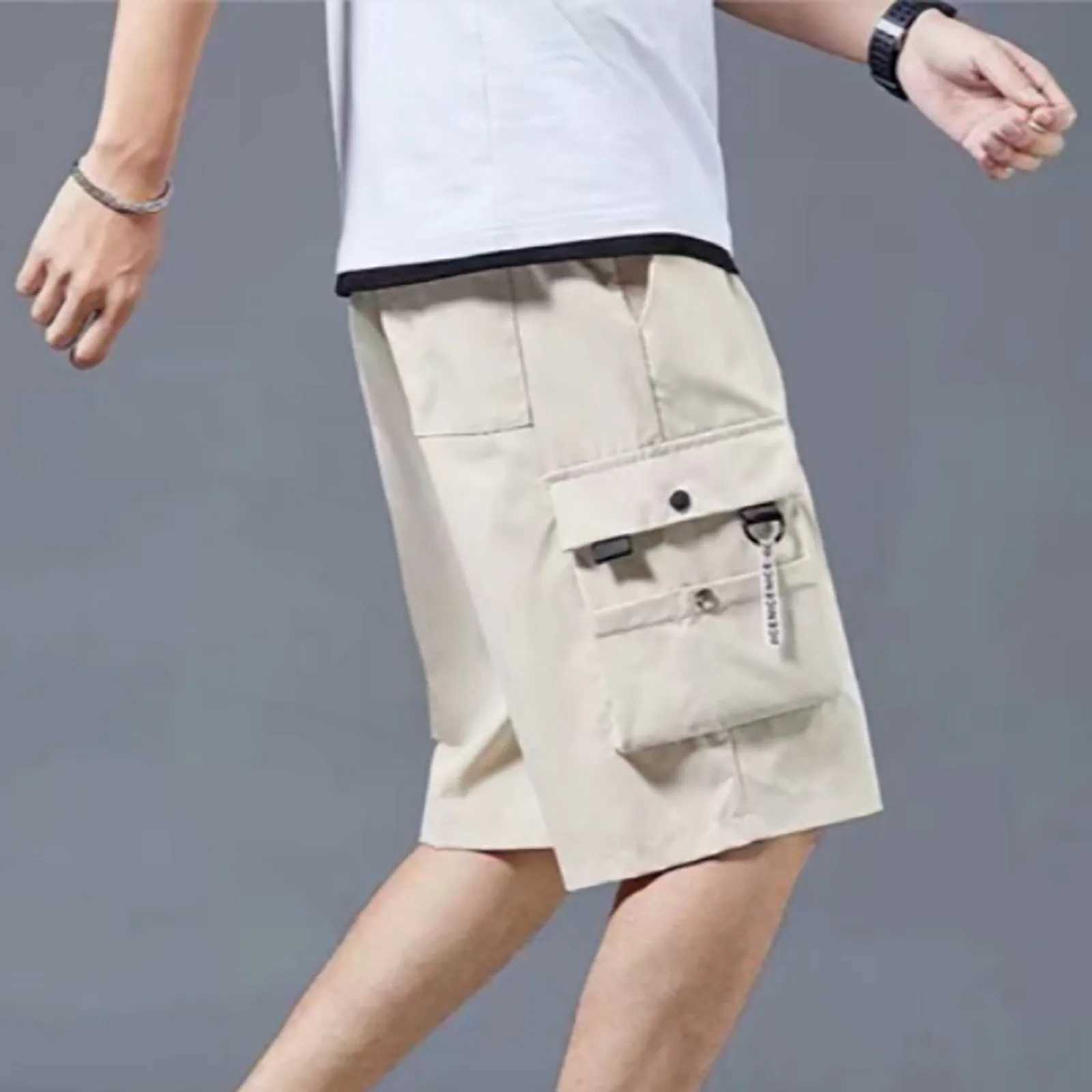 MenS Summer Shorts Elastic Waistband Drawstring Shorts Multi Pockets Straight Wide Leg Mid-Rise Sport Cargo Shorts StreetwearX240921