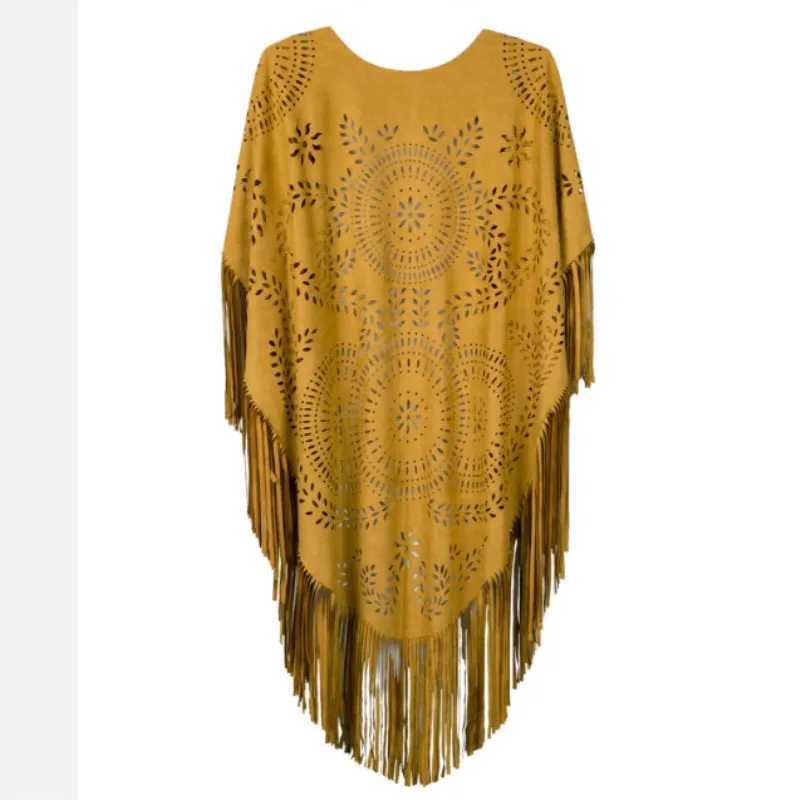 New Bohemian cardigan wool sweater camel suede flower hollow edge tassel shawl womens retro shawl raincoat autumn Bohemian shawl W240921