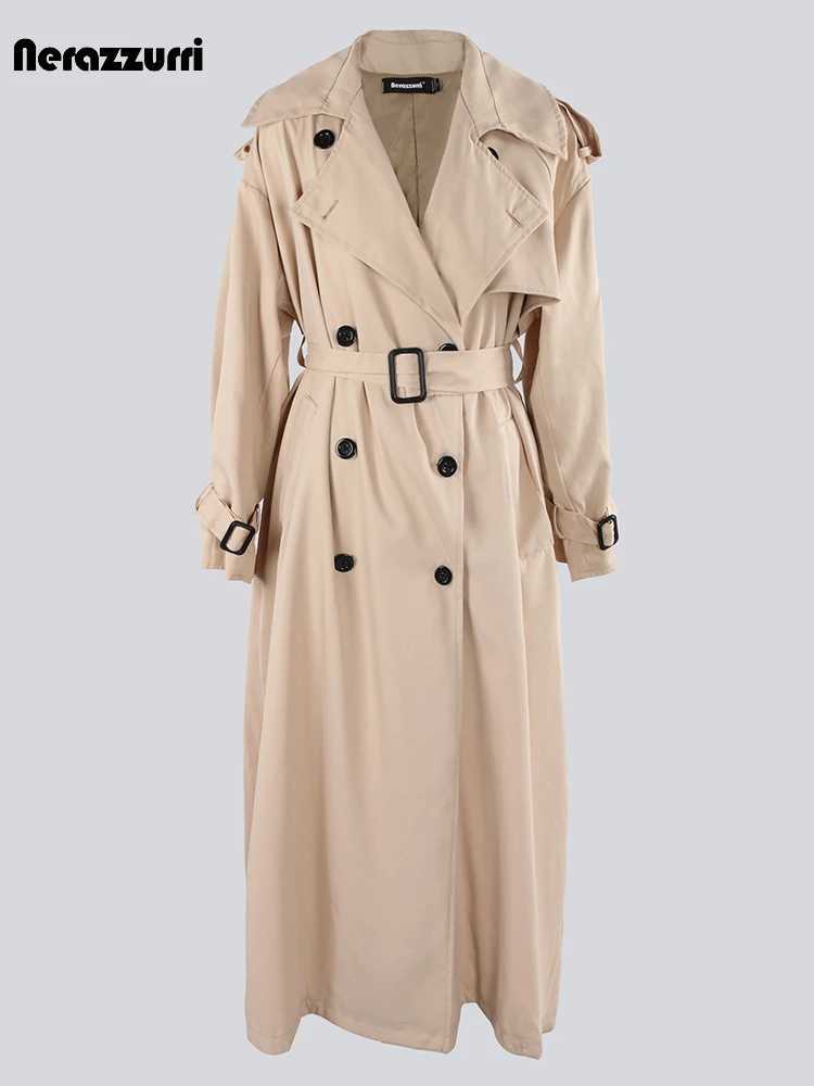 Nerazzurri Autumn Extra Long Oversized Khaki Flowy Soft Trench Coat for Women Back Slit Double Breasted Loose Casual OvercoatX240921