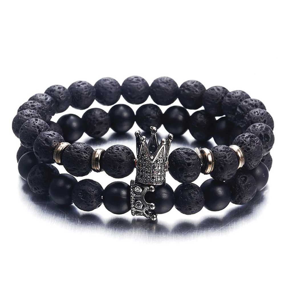 Classic Black Volcano Stone Bracelet with Textured Punk Charm Bracelet Unisex Style Mens and Womens Suitable BraceletsX240921
