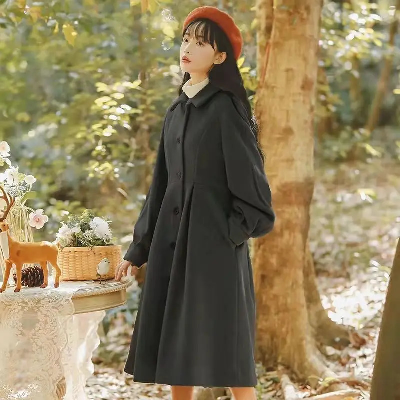 Woolen Coats French Vintage Women Autumn Winter Elegant Pleated Long Coat Female Sweet Lantern Sleeve Jackets 240918
