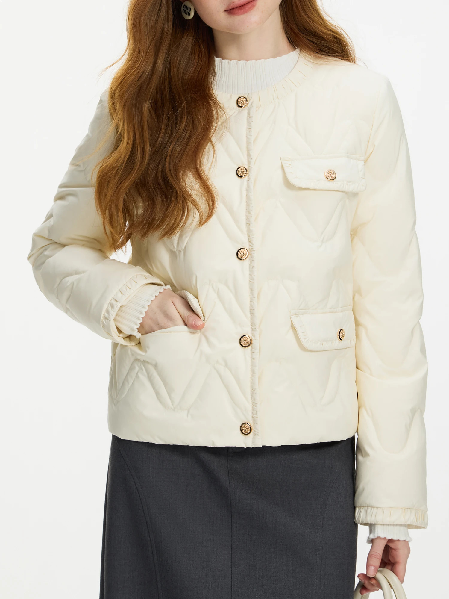 FSLE 60G Fill Quantity Womens Thin Coat Round Neck Elegant Heart Button Womens White Duck Black Down Jacket 24FS14103 240913