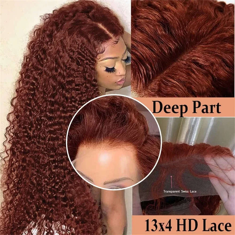 Reddish Deep 13x4 HD Transparent Curly Front Human Hair for Girls Chocolate Brown Lace Frontal Wig