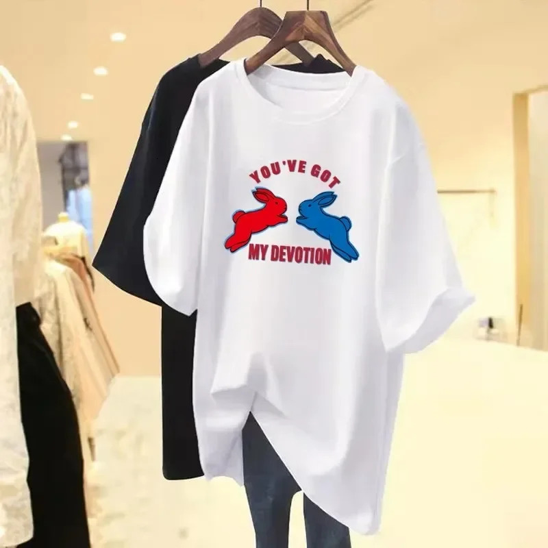 2024 New Rabbit Printed T-shirt Short Sleeve Summer Dress New Off Shoulder Medium Long Loose Plus Size Top Women's Free Delivery Free Shipping