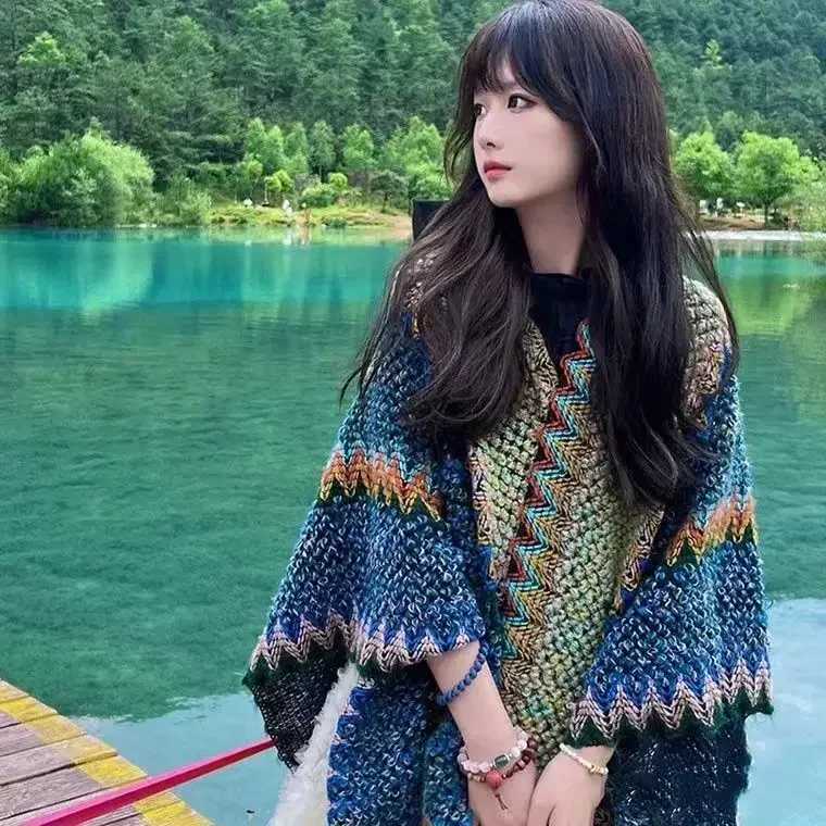 Bohemian plain tassel shawl vintage knitted warm cornered bag thick windproof cardigan used for outdoor travel W240921
