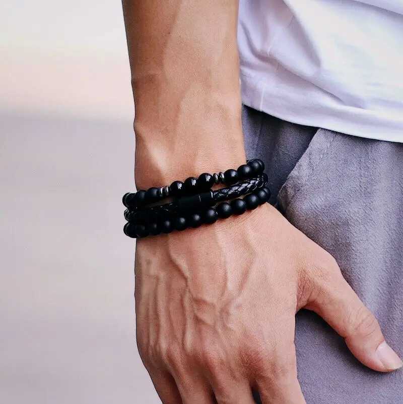 Trendy Men Bracelet Set 3pcs Minimalist Leather Braclet 8mm Natural Tiger Eyes Stone Braslet Beaded Brazalete Pulsera Homme GiftX240921