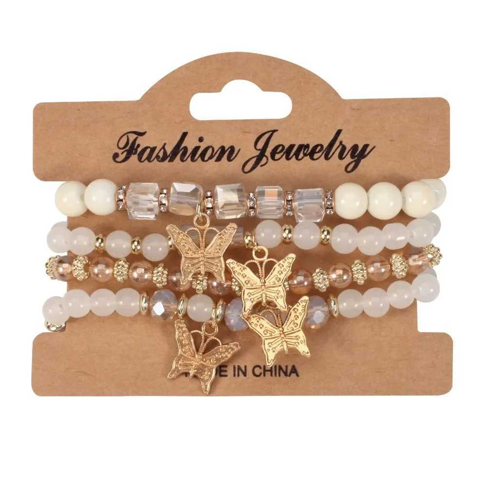 4Pcs/Set Bohemian Multi-Layer Butterfly Pendant Bracelets Hand-Beaded Artificial Crystal Glass Bracelet Fashion JewelryX240921
