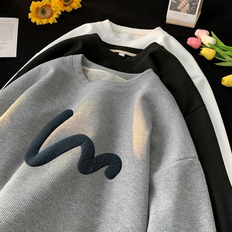 Korean mens sportswear comfortable waffle fabric staff collar sweatshirt wave print casual loose sports shoulder strap hooded sweatshirt W240921
