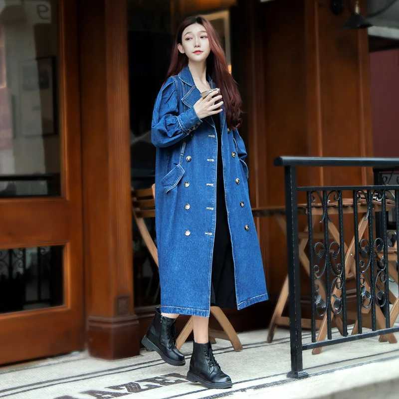 2023 New Spring Autumn Denim Long Trench Coats For Womens Clothing Double-breasted Slim Vintage Jeans Windbreaker Tops bd635X240921
