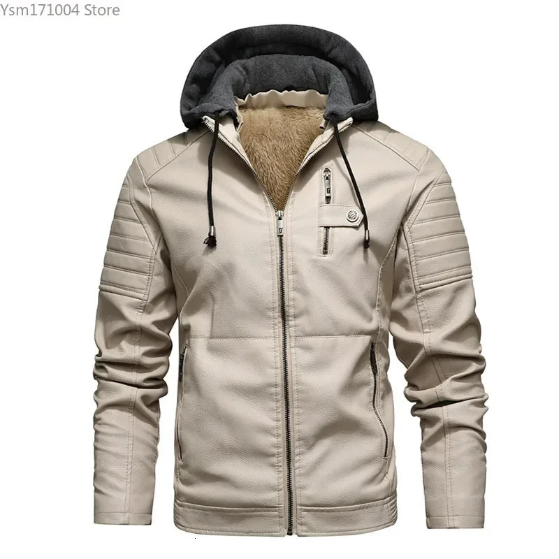 Winter Men's Leather High-Quality Men Cashmere Thicken Warm Street Motorcycle PU Jacket Korean Fashion Mens Hooded Coats