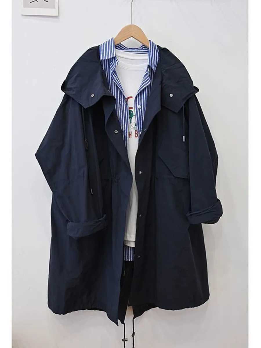 Korean Oversized Women Cargo Windbreaker Jacket Single-Breasted Long Trench Coat Drawstring Lady Spring Autumn Hooded CoatX240921