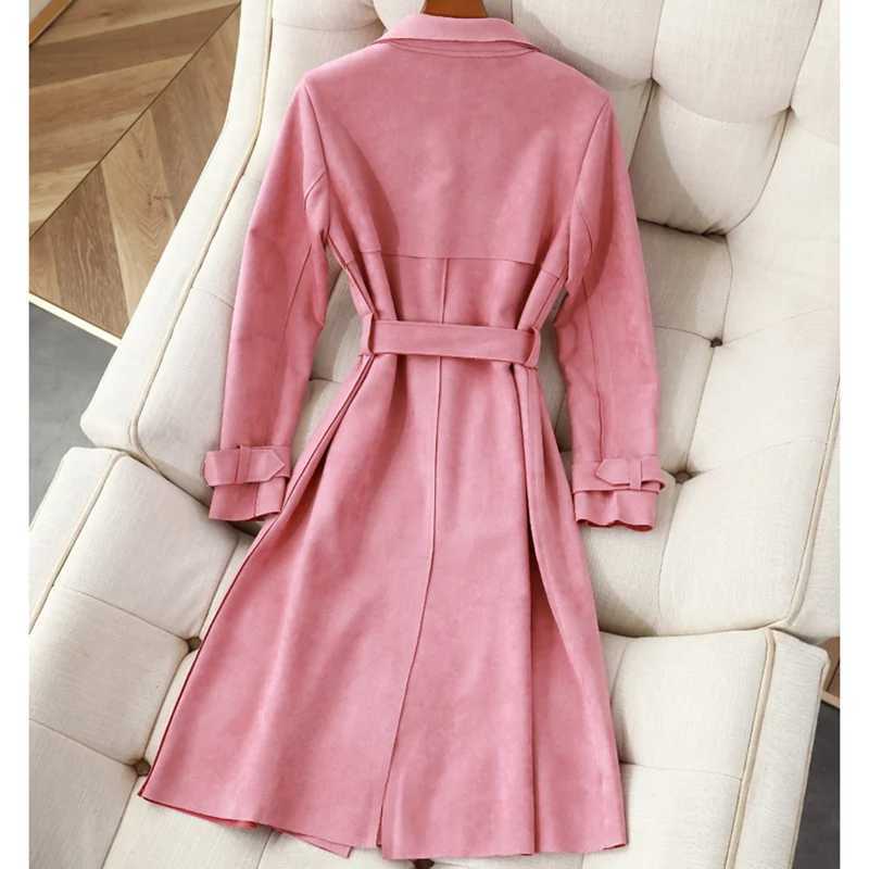 New Womens Belt windbreaker Coat Retro Korean Long Thin Chamois Suede Trench Jacket Top Female Autumn Double-Breasted OuterwearX240921