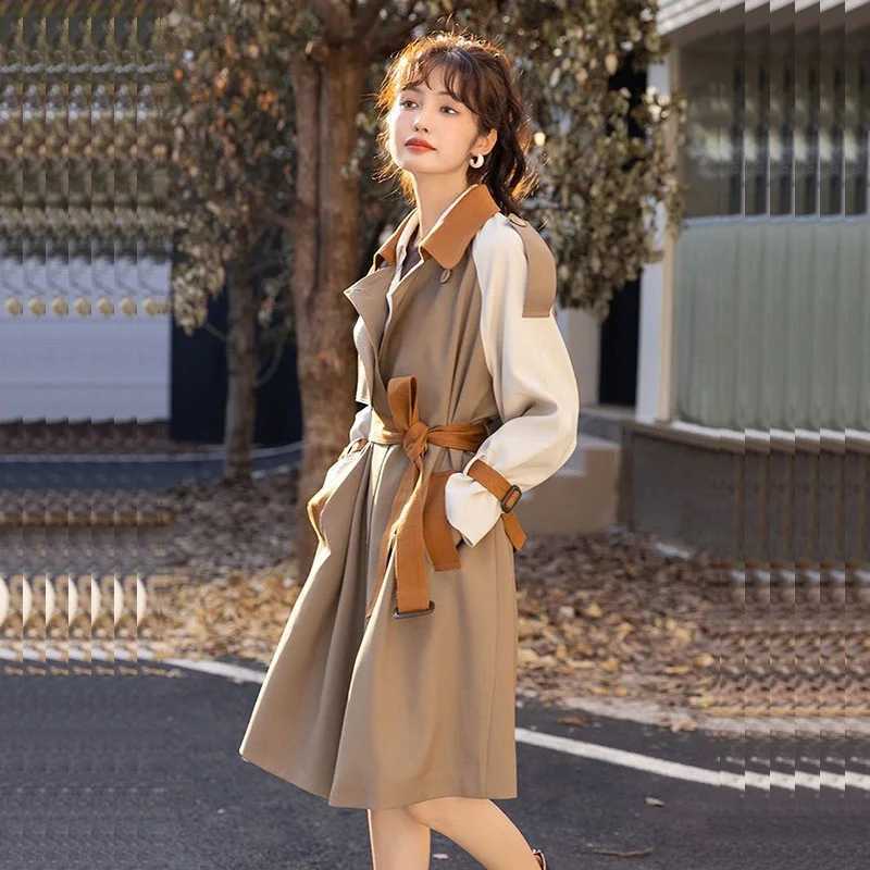 Mid-length Khaki Trench Coat With Belt Contrast Color Splicing Lapel Long Sleeve Casual Double-breasted Spring Women WindbreakerX240921