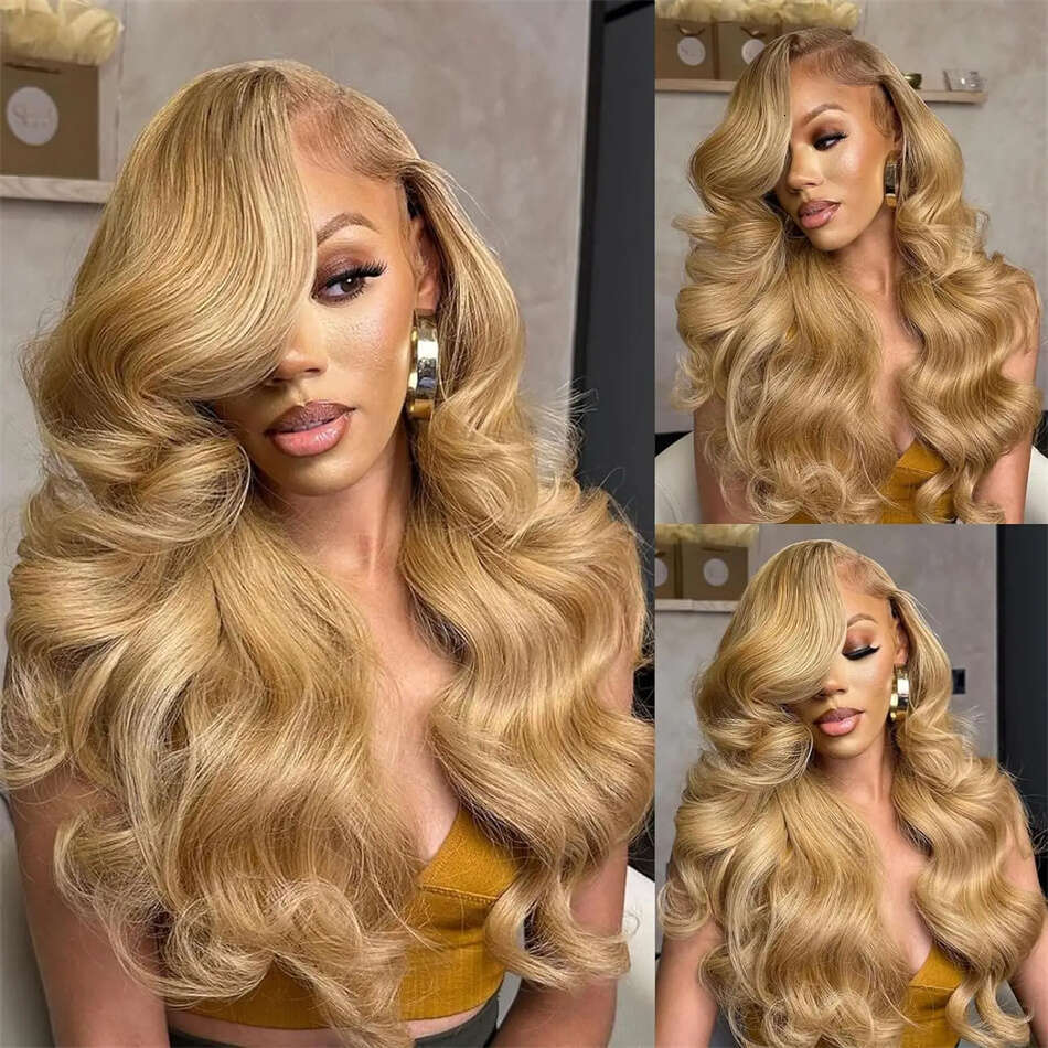 13x4 Transparent Honey Blonde 27# Colored Straight Lace Front 32 Inch Body Wave Human Hair Wigs