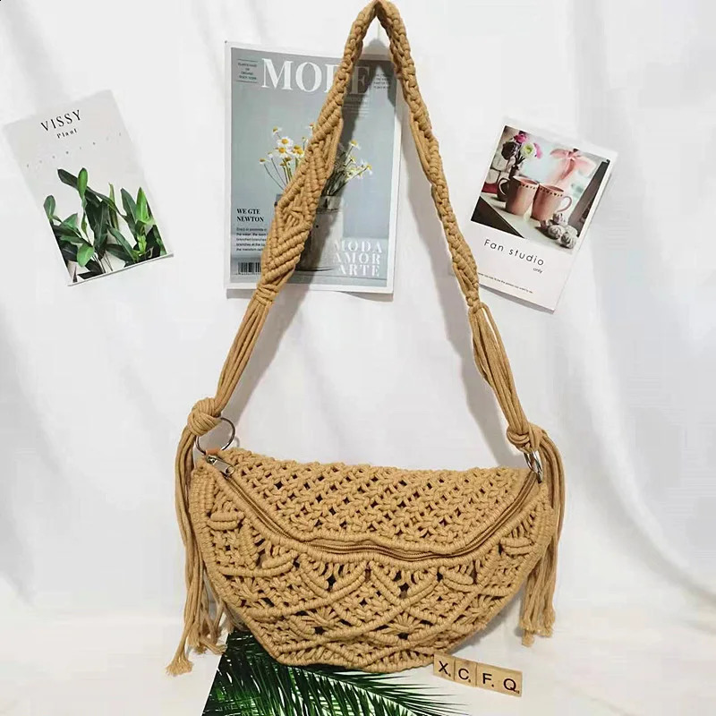 Summer Bohemia Hand Woven Beach Bag with Tassels Cotton Crochet Hollow Out Travel Tote Ethnic Style Handbags Underarm 240919