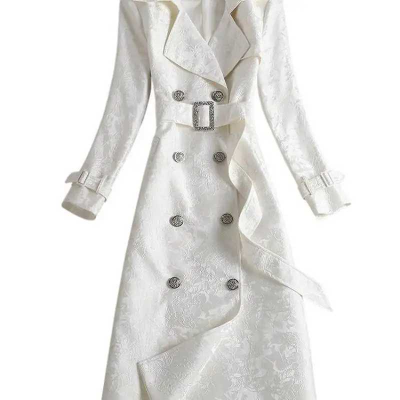 Long Windbreaker 2022 Spring New Lapel Fashion White Black Jacquard Lace-Up Trench Coat WomenX240921
