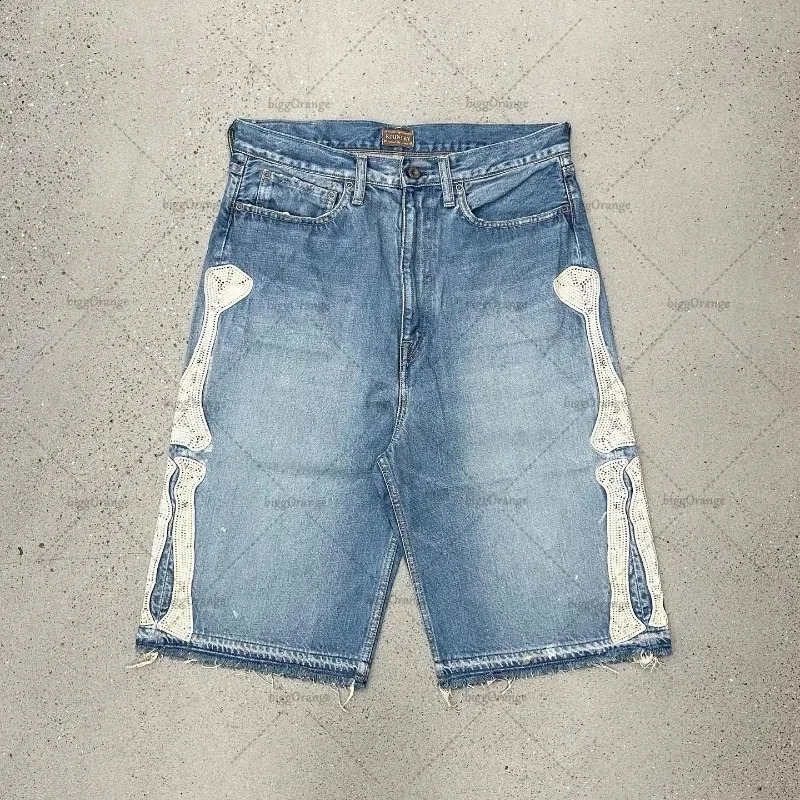 2024 European and American Summer Retro Skeleton Denim Shorts Sports Casual Shorts Couple Wear Street Wear FiveFifth Pants 240921
