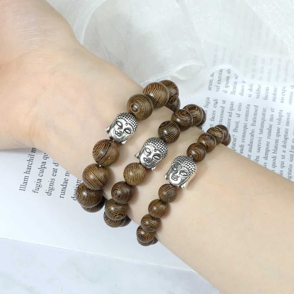 Vintage 8 10 12mm Wooden Beads Bracelet Charm Buddha Head Prayer Stretch Bangles Men Buddhist Bracelets Women Yoga Wrist JewelryX240921