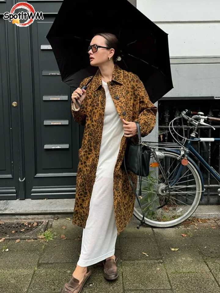 Vintage Leopard Print Single Breasted Trench Womens Coats Fashion Lapel Long Sleeves Pockets Jackets Autumn Lady Long OutwearX240921
